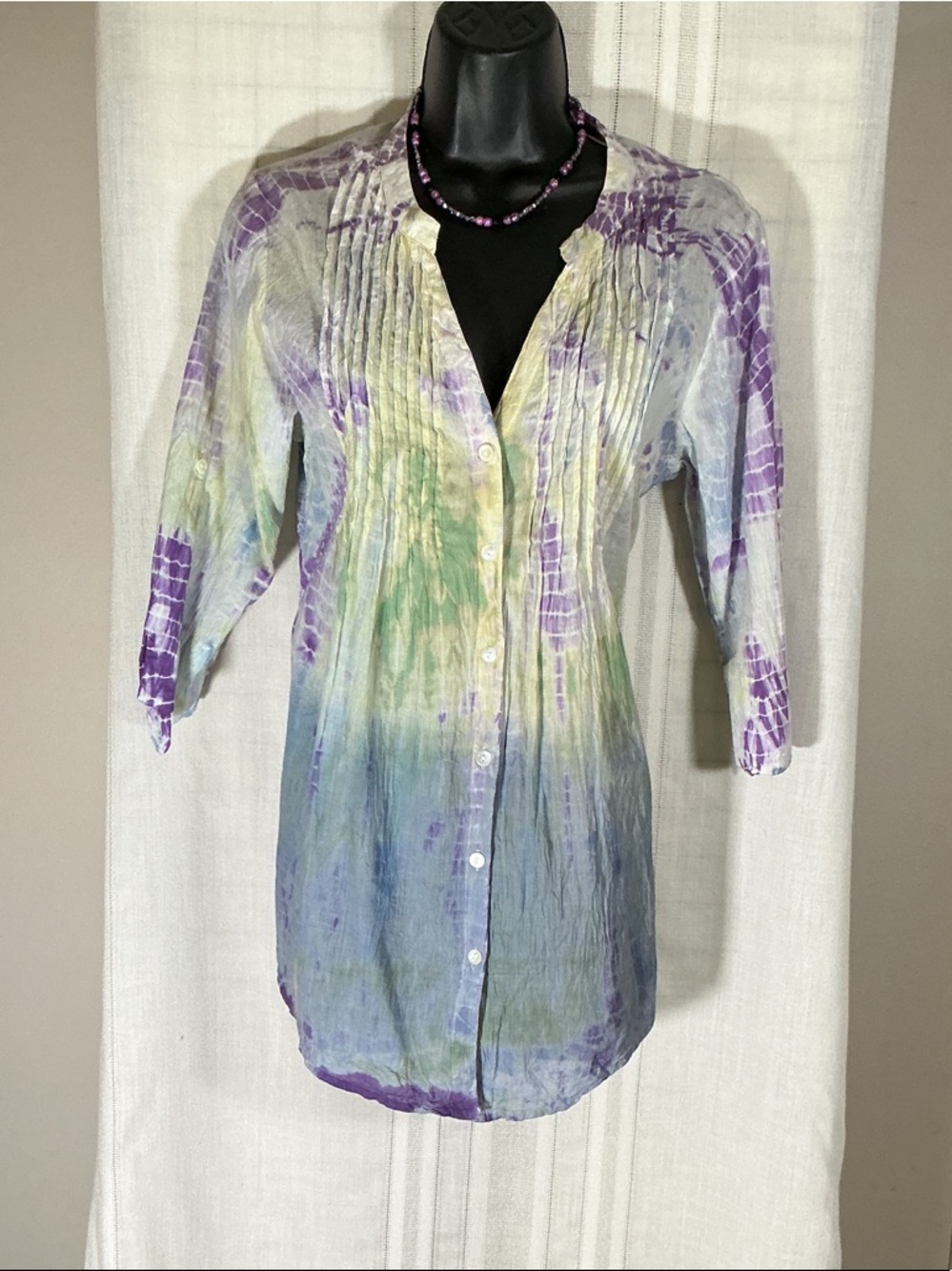 LA CERA Tie Dye Tunic Blouse Medium NWT 100% Cotton Boho Pintuck Top
